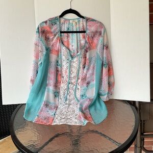 Style & Co. Pink and Blue Relaxed 3/4 Sleeve Blouse